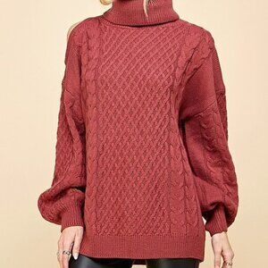 NEW WOMEN SOLID TURTLE NECK COLD SHOULDER CABLE SWEATER COLOR: CRIMSON S-M-L